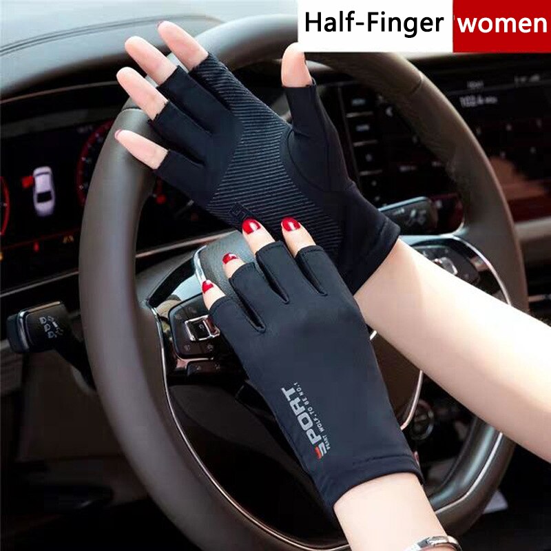 Sommer is silke halvfinger helhandsker kørsel cykling mænd elastisk uv-beskyttelse solcreme skridsikker kvinder to-finger handsker: Halv-kvinde-sort