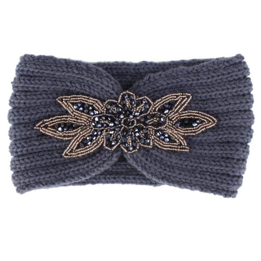 Winter Warmer Oor Gebreide Hoofdband Boog Strass Hoofddeksels Voor Vrouwen Meisjes Europese Effen Tulband Brede Haarband: Deep grey