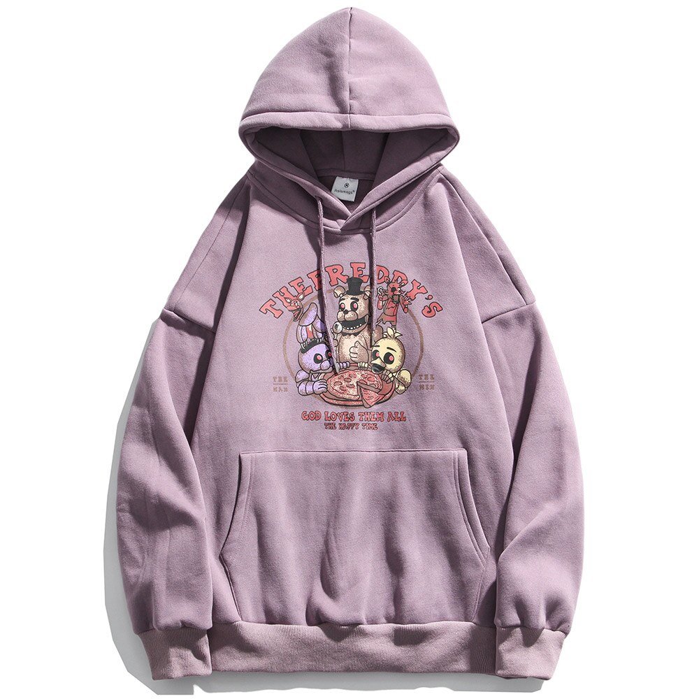 Fleece Hoodies Men Funny Cartoon Animals Print Big Pocket Hooded Pullover Autumn Cozy Harajuku College Style Couple Sweatshirt: Purple / M