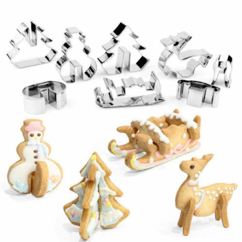 18PCS 3D Christmas Cookie Cutter Set Stainless Steel Xmas Biscuit Mold Gingerbread House DIY Baking Pastry Tool Kitchen Toys