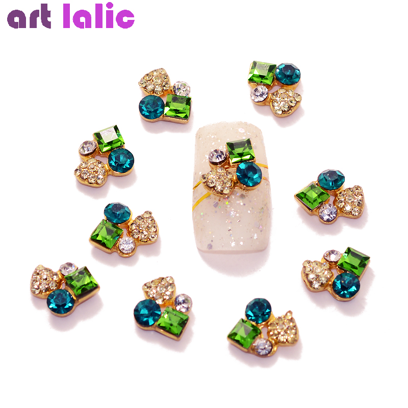 10 stuks Nail Art 3D Sapphire Emerald Crystal Lichtmetalen Rhinestones Decoraties Jewerly Nagels Steentjes Manicure Gereedschap TN1100