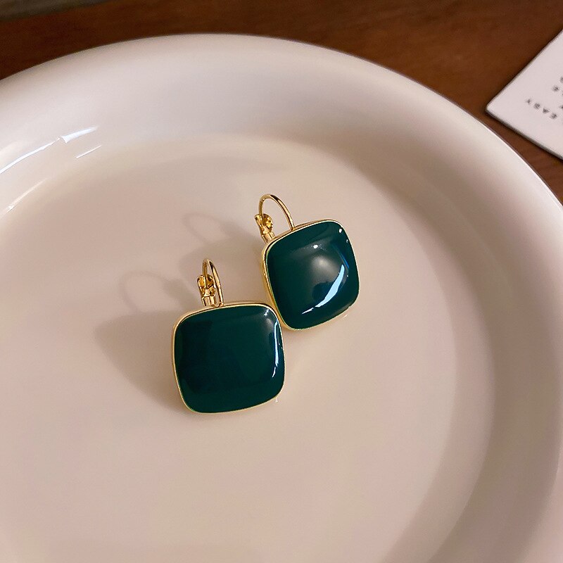 Trendy Vrouwelijke Rode Groene Steen Oorbellen Sierlijke Gouden Kleine Kleur Clip Oorbellen Voor Vrouwen Charm Bruid Vierkante Bruiloft Oorbellen: green