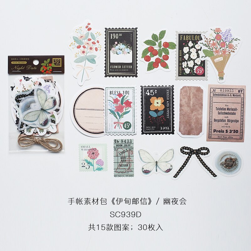 30 old-fashioned cards for notebook decoration retro student stationery plant paper diary label scrapbook material: F