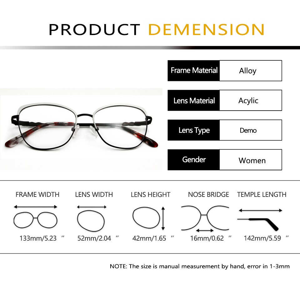 Metalen brilmontuur voor dames, cat eye bril, trendy optische bijziendheid, brilmontuur op sterkte voor dames