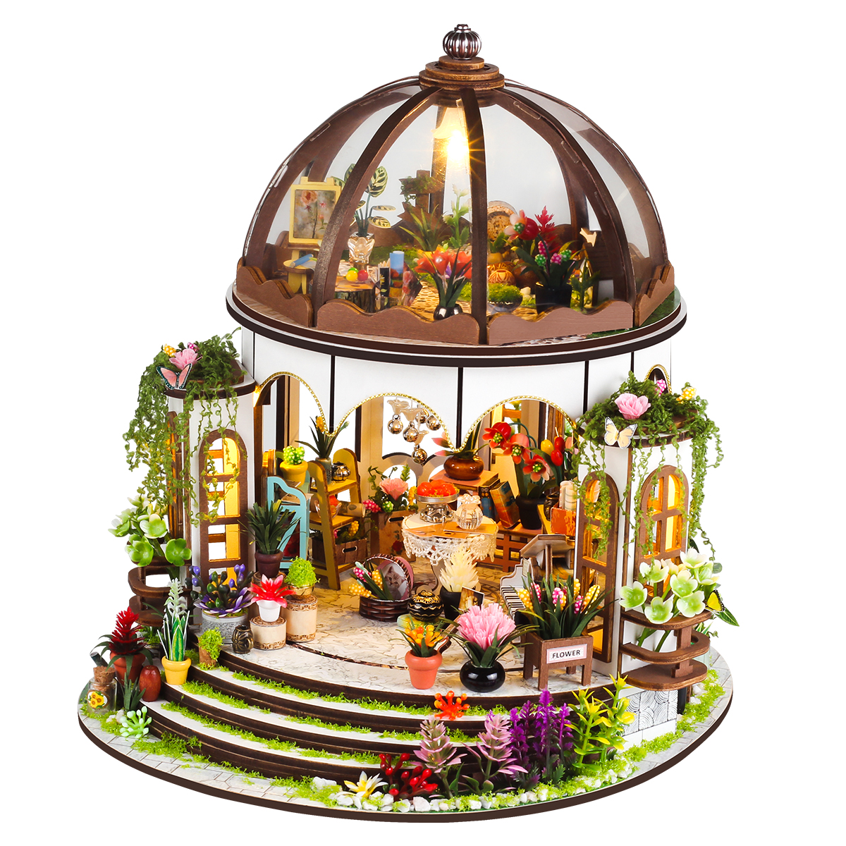 Gør-det-selv trædukkehuse hængende have casa miniature byggesæt blomsterdukkehus med møbler led-lys til piger: Default Title