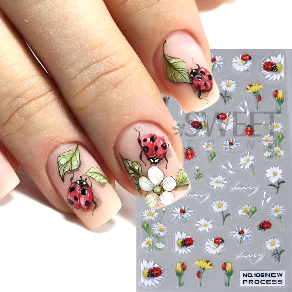 Pegatinas de Arte de uñas de mariquita de abeja 3D, hojas de otoño, margaritas florales, deslizador, calcomanía de pájaro Animal lindo, decoración de manicura, puntas de uñas, Belleza
