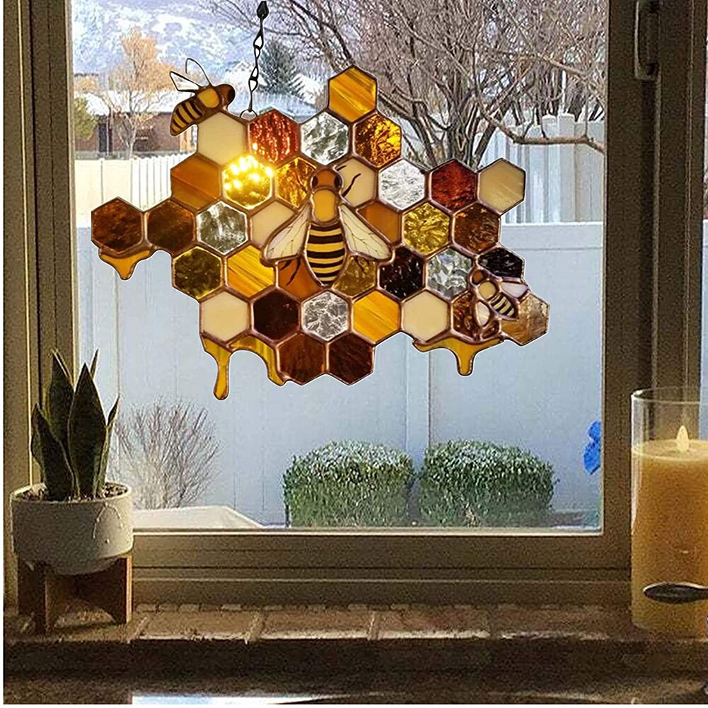 Wasp Bee Pendant Handmade Mosaic Honeycomb Honey Bee Hanging Art Crafts Garden Window Decorations Mothers Day
