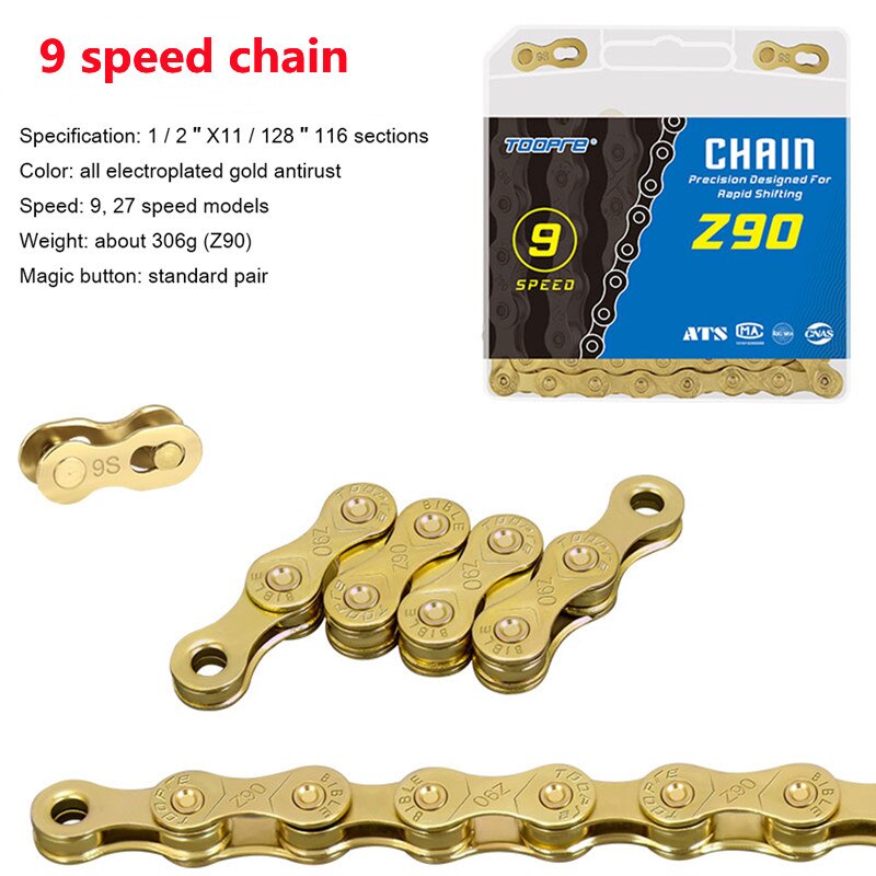 Bicycle Chain 6 7 8 9 10 11 12 Speed MTB Bike Electroplated Silver Chain Road Bicycle Chains Part 116 Links: 9  Speed golden