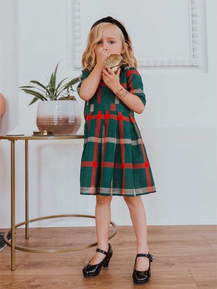 2022 Mommy And Daughter High Waisted Green Plaid O-Neck Plaid Outfits Spring Family Matching Dresses Look Festival Dress