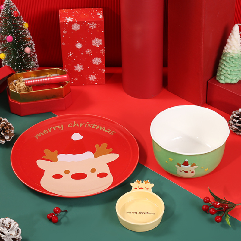 Christmas Ceramic Plate Bowl Cutlery Elk Cartoon Shape Dinner Plate Santa Claus Xmas Plate Set Cartoon Cute Year Kitchen