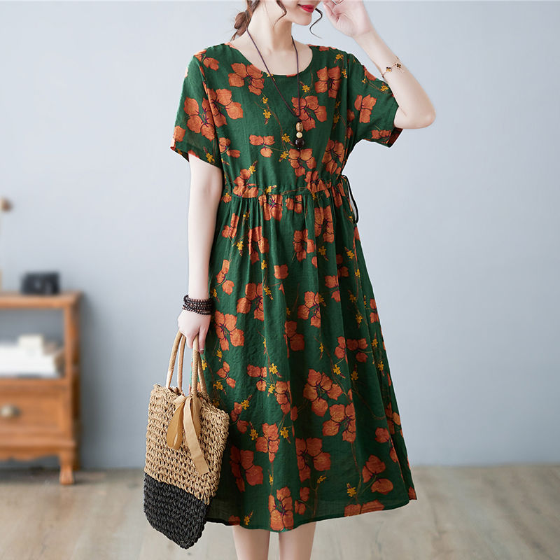 Summer Cotton Linen Literary Vintage Printing Loose Casual Robe Ladies Round Neck Lace Up Waist Dress Vestidos De Fiesta