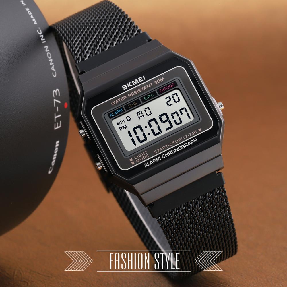 Skmei Retro Led Digitale Horloge Mode Elektronische Klok Vierkante Elektronische Horloges Steel Mesh Band Sport Horloges