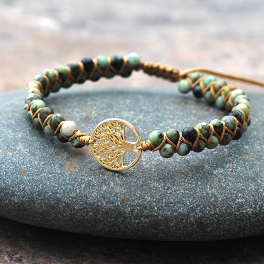 Árvore de pedra natural da vida yoga chakras contas frisado pulseiras corda de couro artesanal tecido wrap pedra ajustável casal pulseira: green gold