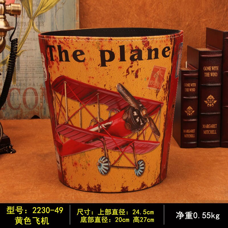 27cm retro Altpapier Korb Kreative PU Leder Bar Mülleimer Mülleimer Gargabe Warst Papier Jahrgang Korb Ohne Deckel: Gelb Flugzeug
