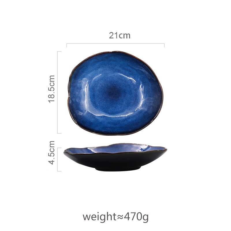 Ceramic Plate Irregular Dish Tableware Series Western Food Plate European Blue Color Glaze Salad Bowl Main Dish Kitchen Supplies: 21.5cm