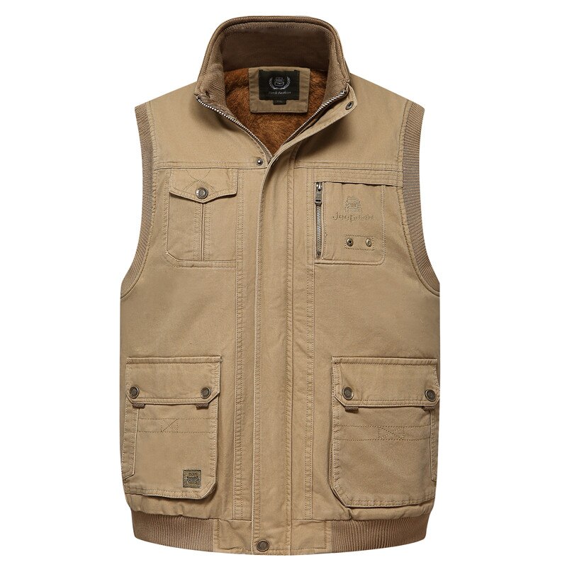Winter Männer Sleeveless Kragen Jacke Multi Taschen Baumwolle Warme Dicke Weste Frühling Herbst Große Größe L-4XL Männlichen Fotografie Weste: Kakifarbig / XXXL