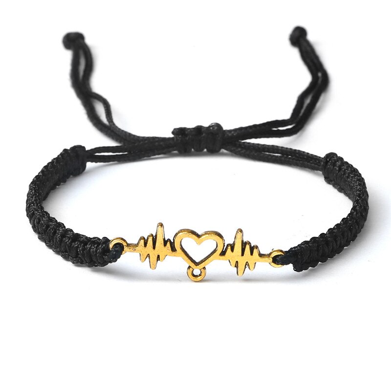 Goud Hartslag Cardiogram Armbanden Vrouwen Rood Zwart Touw Handgemaakte Weven Minnaar Sieraden Armband Speciale Cadeaus Voor Beste Vrienden: Black-gold