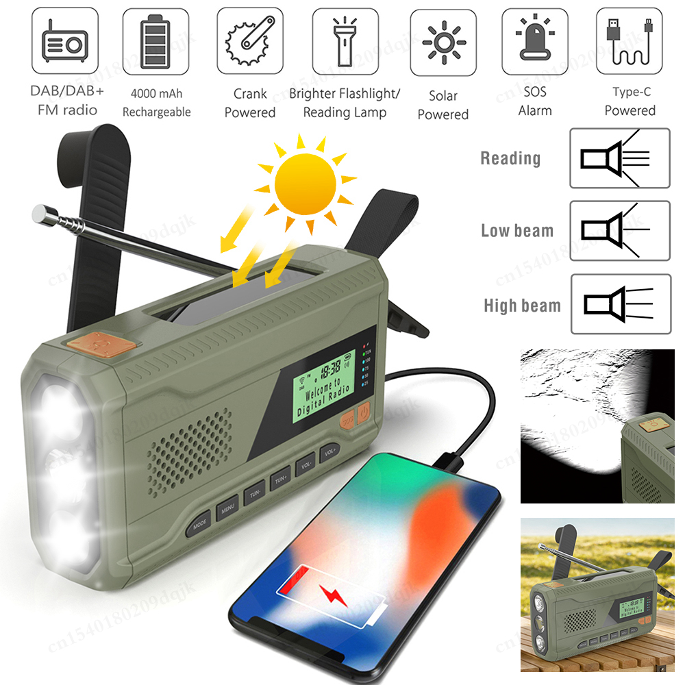 Radio de emergencia DAB/FM con Bluetooth, receptor de Radio Solar portátil, dinamo de manivela, Radio para exteriores, altavoz para acampar con linterna