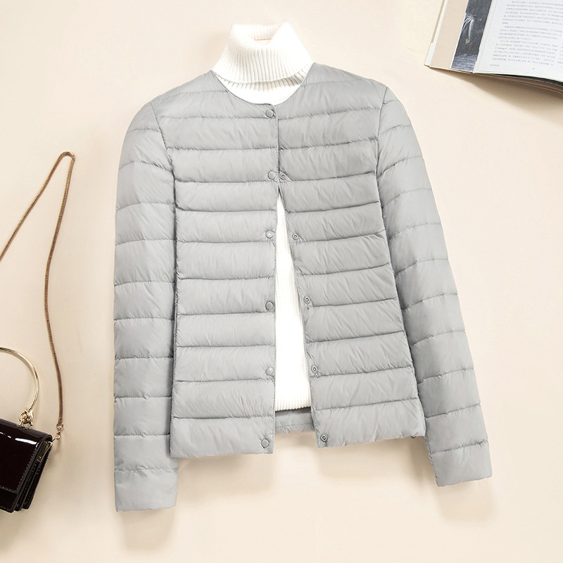Koreansk slim fit o-hals v-hals dame kort quiltet pufferfrakke arrivlas dame ultralette pakbare forjakker: L / Grå