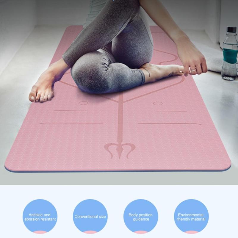 Yogamatten, draagbare antislip fitnessapparatuur, yogamat tpe, tweekleurige mat met positielijn voor beginners