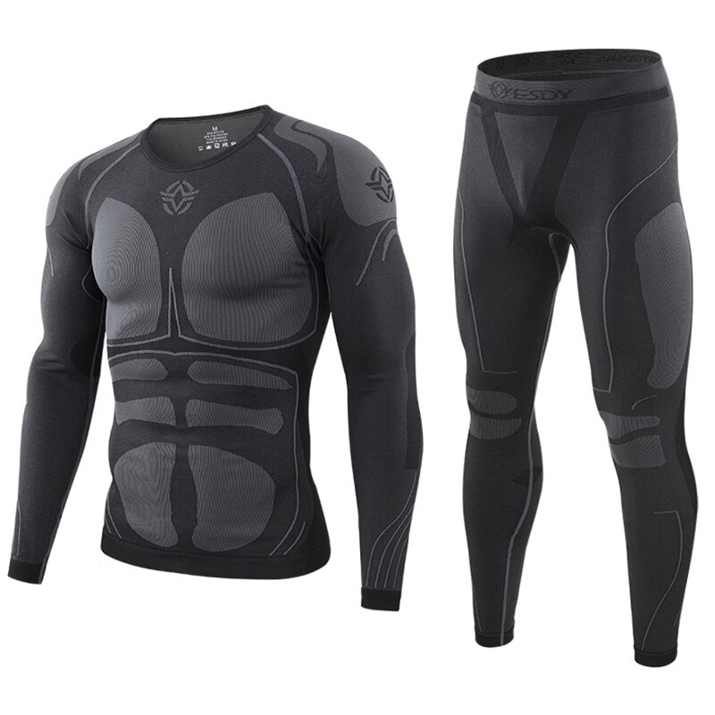 Winter Men's Sport Thermal Underwear Suit Fleece Warm Breathable Outdoor Underwear Set Men Elastic Quick Drying Long Johns BF200: Black / XL