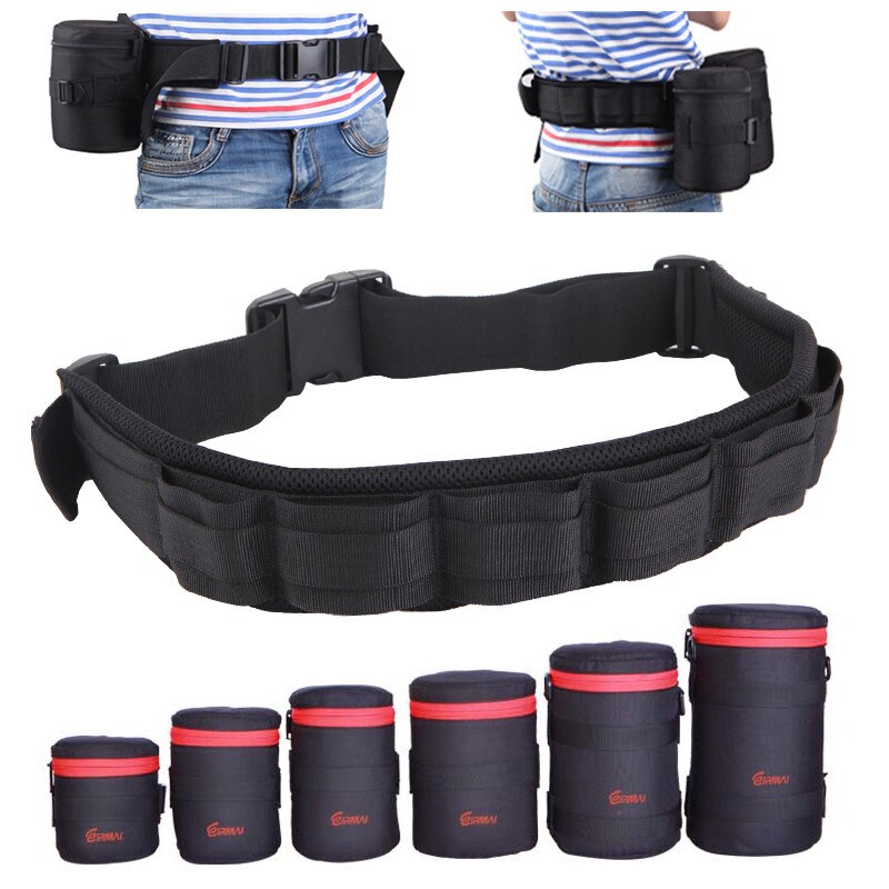 Photo Adjustable Black Strap DSLR Padded Camera Waist Belt Holder w/ Nylon Functional Soft Padded Lens Bag Pouch Case