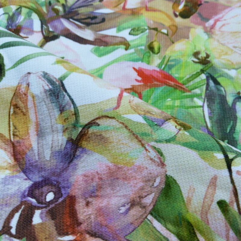 Tropisk plante flamingo digitaltrykk blomst blad fløyel sofa lenestol ottaman sofa interiør stoff dekorativ klut 140cm bred