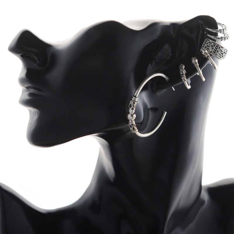 7 Stks/set Europese Vintage Metalen Kleur Eindeloze Oorbellen Cirkel Handgemaakte Midden Hoop Earring Bali Wrap Voor Vrouwen Mode-sieraden