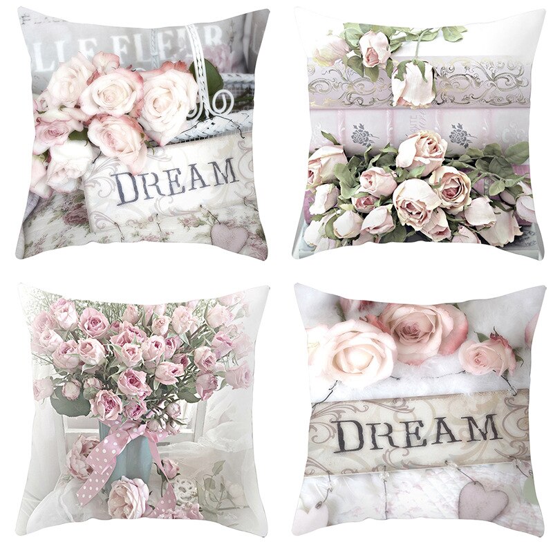 4 Stuks Vintage Rose Serie Kussen Cover Home Sofa Terug Kussen Gooi Case Bloem Kussensloop Voor Slaapkamer Home Office Decoratieve