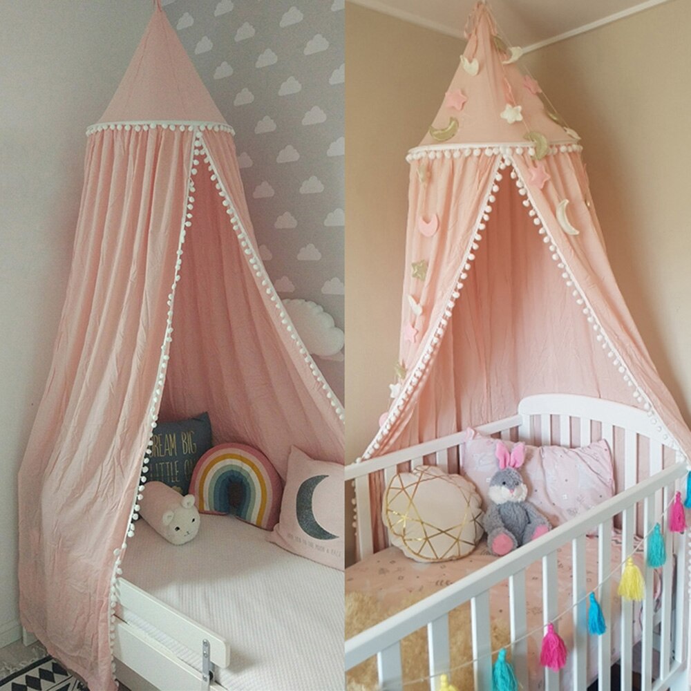 Baby Baldachin Moskito Netz Mädchen Babybett Krippe Bett Hängen Zelt PomPoms Spielen Zelt