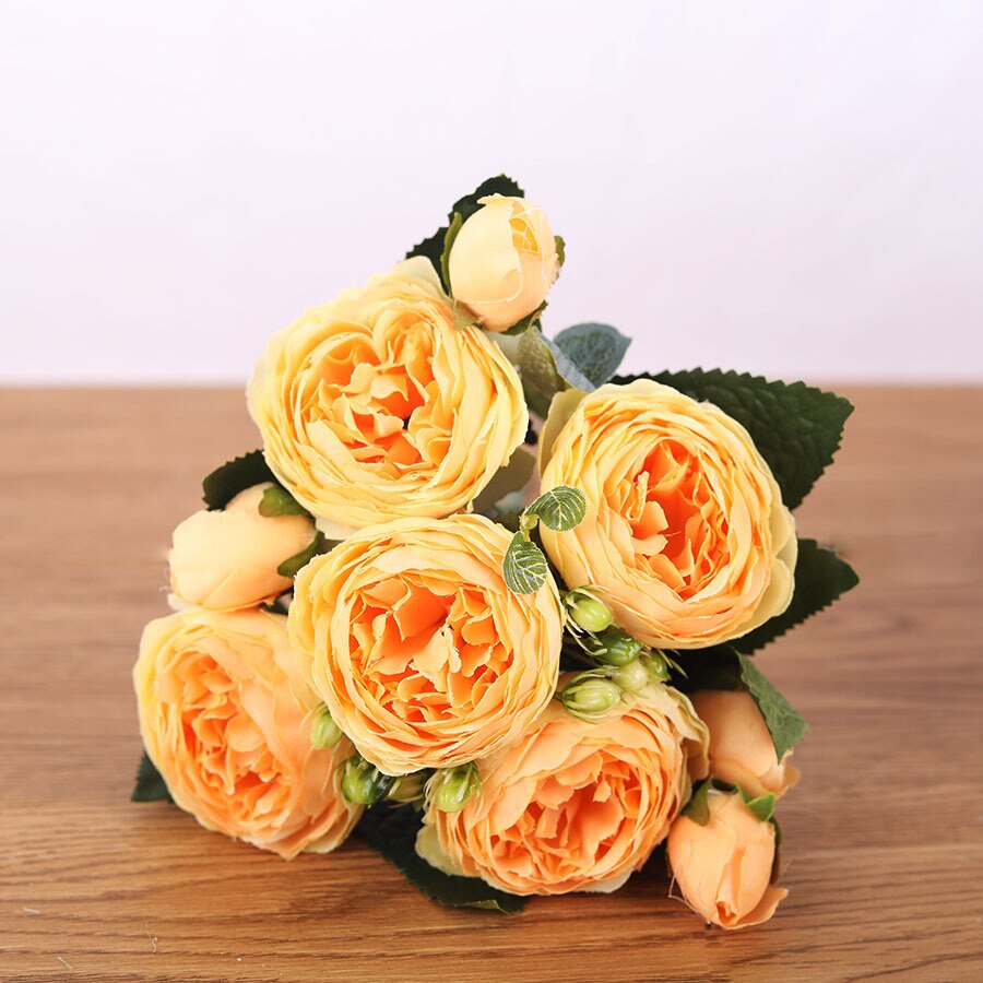 30 cm persisk rose korean buket pæon kunstig blomst 5 stort hoved 4 lille knopp bryllup boligindretning blomst fotografering prop: Gul