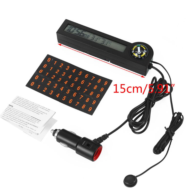 12V Digital Clock Display Indoor Outdoor Compass LCD Backlight Temporary Parking Car Thermometer Alert Car/Truck/RV