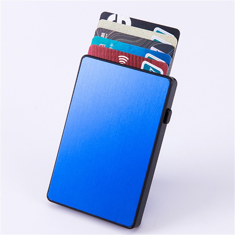 Yambuto Rfid Anti-Diefstal Naam Card Case Aluminium Enkele Doos Smart Wallet Slanke Mode Clutch Pop-Up drukknop Kaarthouder: X64 Blue