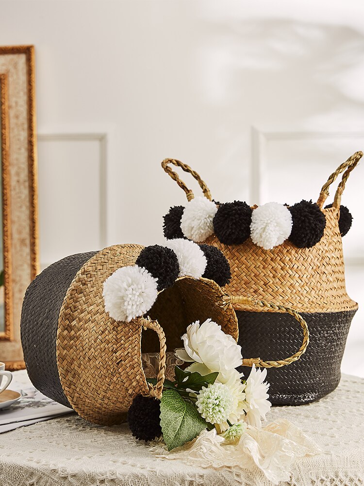 Handgemachte Weide Lagerung Körbe Faltbare Wäsche Stroh Patchwork Rattan Seegras Bauch Garten Blumentopf Pflanzer Korb