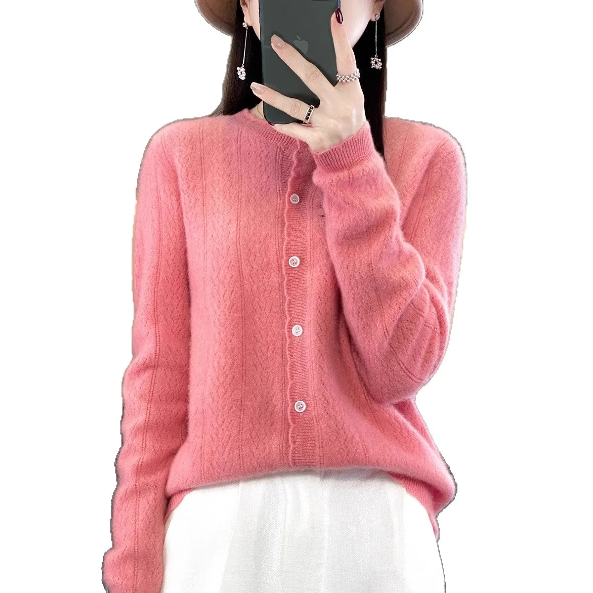 100% cárdigan abierto suelto de lana pura para mujer Otoño Invierno estilo ropa externa Top perezoso cuello redondo suéter de punto de manga larga