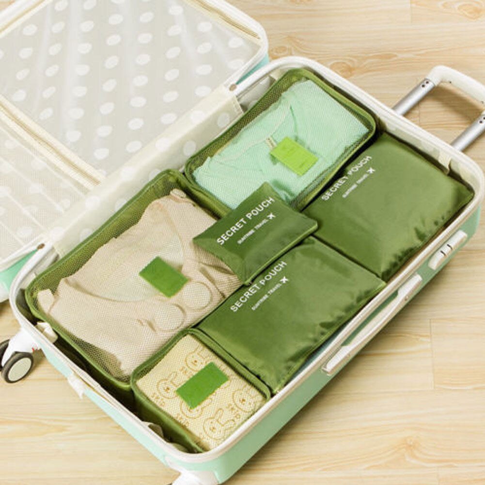 6 stk rejsearrangør taske tøjpose bærbar opbevaringsetui bagage kuffert chic tasker unisex brug rejsetilbehør: Grøn
