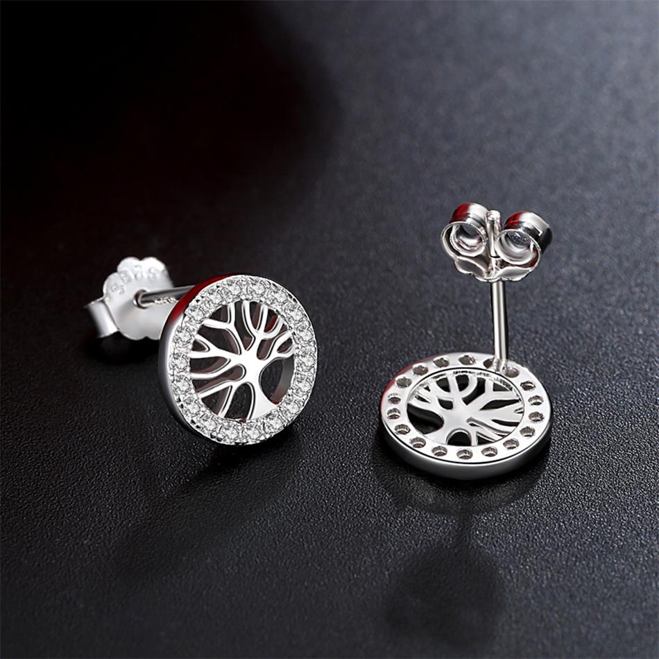 Luxury 925 Sterling Silver Stud Earrings with Rhinestone Circle Tree of Life Earrings for Women Birthday Jewelry silver earrings