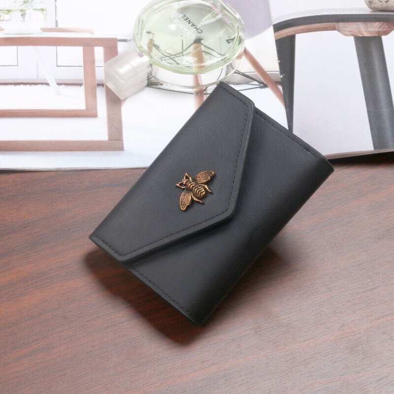 Bee Wallet Women Short Tri-Fold Small Purse Card Case Simple Ladies Female Style PU Leather: Black