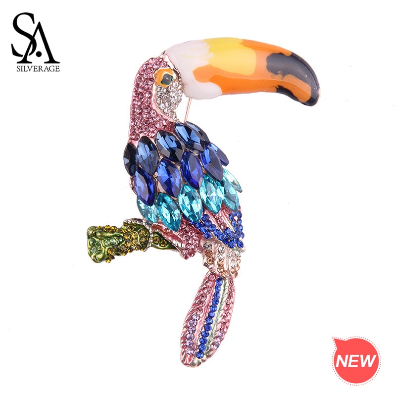 SA SILVERAGE Flower Alloy Gemstone Bird Brooches for Women Colorful Pins and Brooches Jewelry Animal Bird