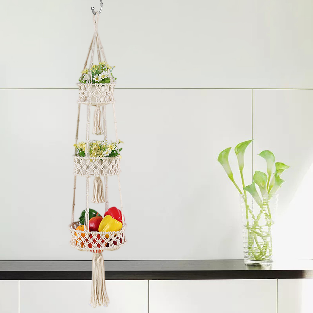 Cesto di frutta appeso Macrame a 3 livelli per cucina appeso amaca di frutta per cesto portaoggetti da parete per organizzazione di verdure, Boho Decor