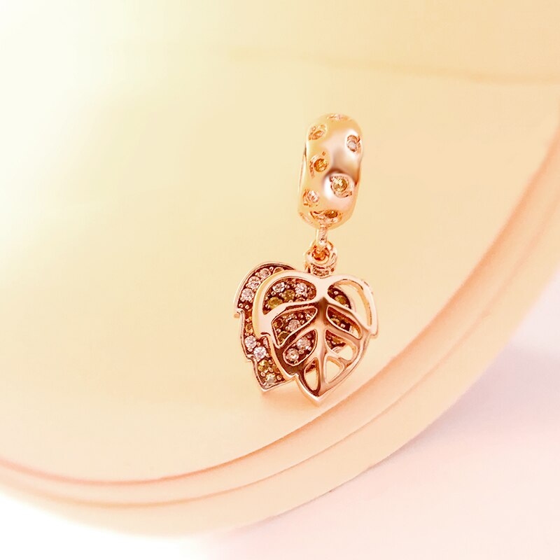 Rose Gold Leaves Charms 925 Sterling Silver Beads Sparkling CZ Fit Original Bracelet Suitable For Bracelet Jewelry