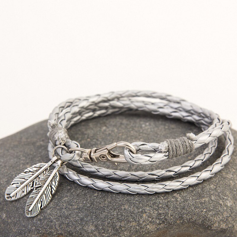 Leather Wrap Braided Wristband Retro Leaves Cuff Punk Men Women Couple Friendship Bracelet Bangle: 4