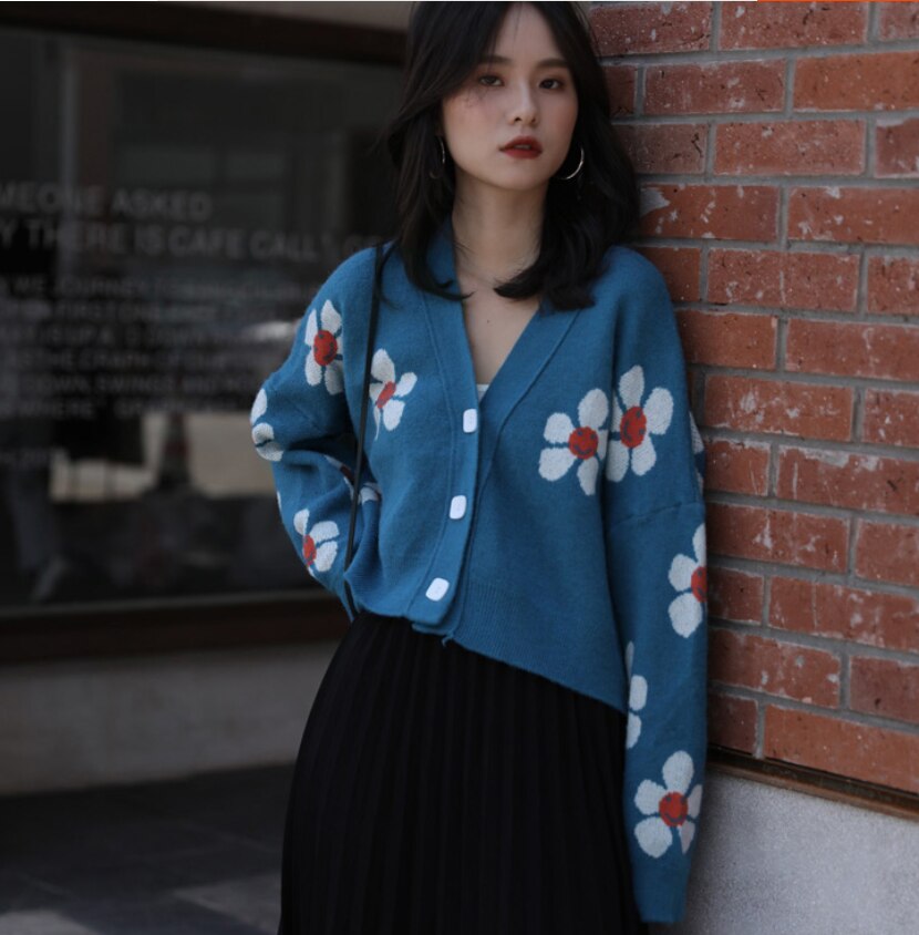 Retro japanilaistyylinen kukka neule neuletakit neulepusero naiset v kaula löysä elegaht paksu femme print lyhyt rento takki