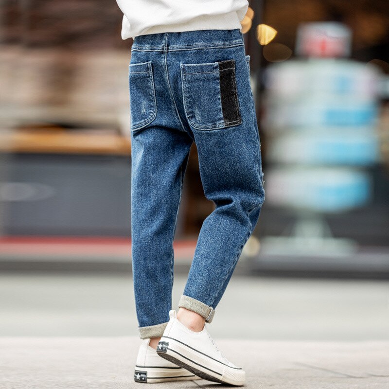 Boys Jeans Boys Pockets Patchwork Stripe Cowboy Pants for Boy Kids Denim Harem Pants Mid Waist Jeans Children 4-14Y