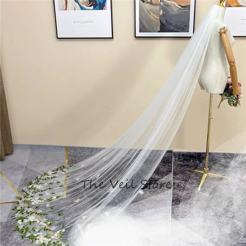 Lange Kathedraal Bloemen Bruids Bruiloft Sluiers Met Kam Tule Witte Ivoor Wilde Bloemen En Bladeren Groen Geel Appliques Luxe