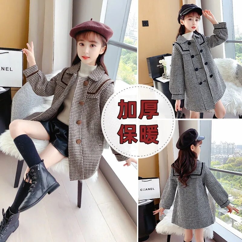 Fancy Wool Blends Coat For Teenage Girls Double breasted Woollen Outfit Kids Autumn Winter Thick Plaid Children-Outerwear