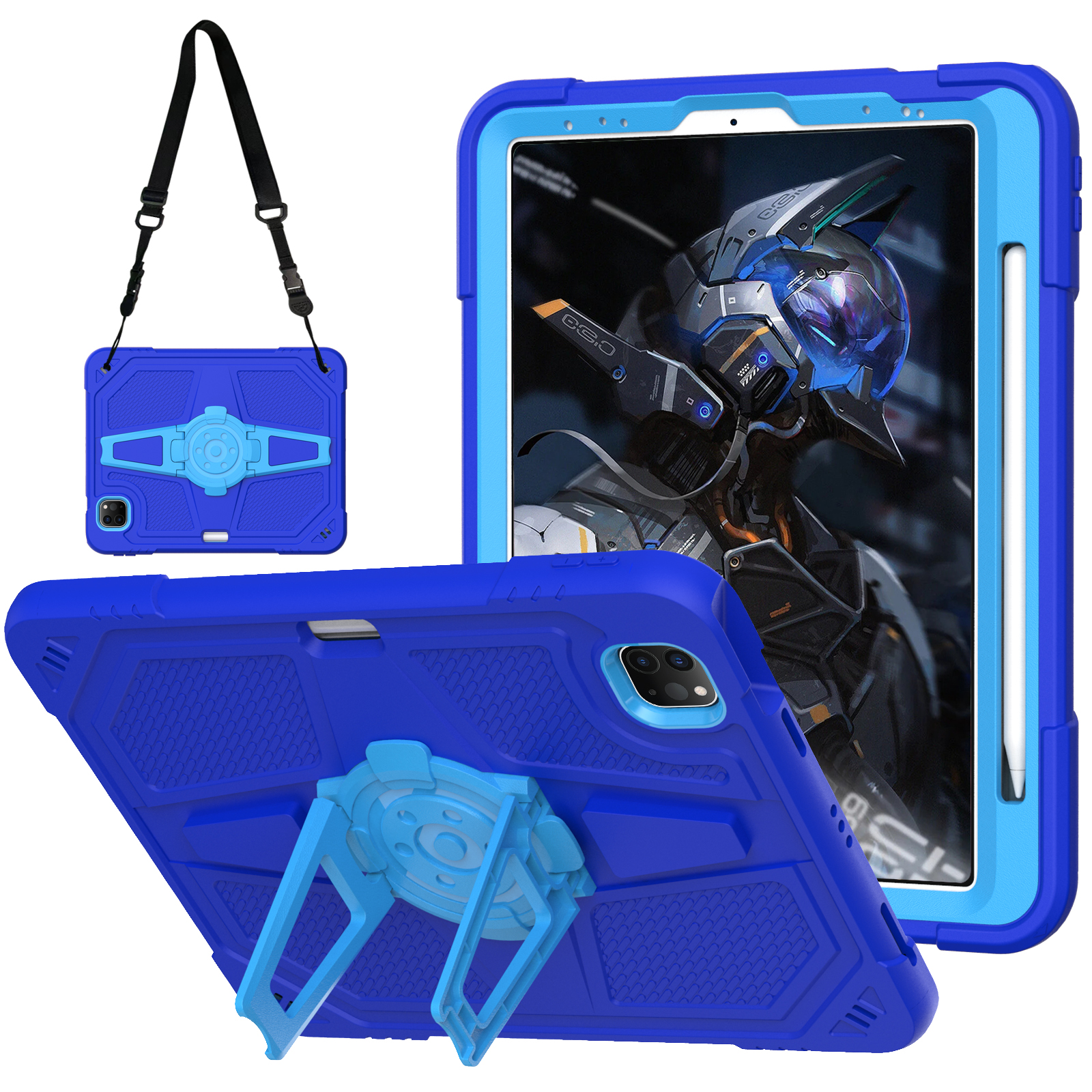 Case For iPad Air 4 5 10.9 inch Pro 11 PC Silicone Folding Built-in Kickstand Cover Shoulder Strap Pen Slot: Blue