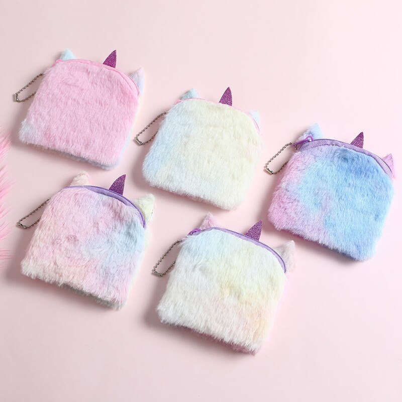 Cartoon Plush Unicorn Coin Purse Cute Cat Fur Circle Wallet Girl Clutch Embroidered Bag Key Earphone Organizer Pouch Kids