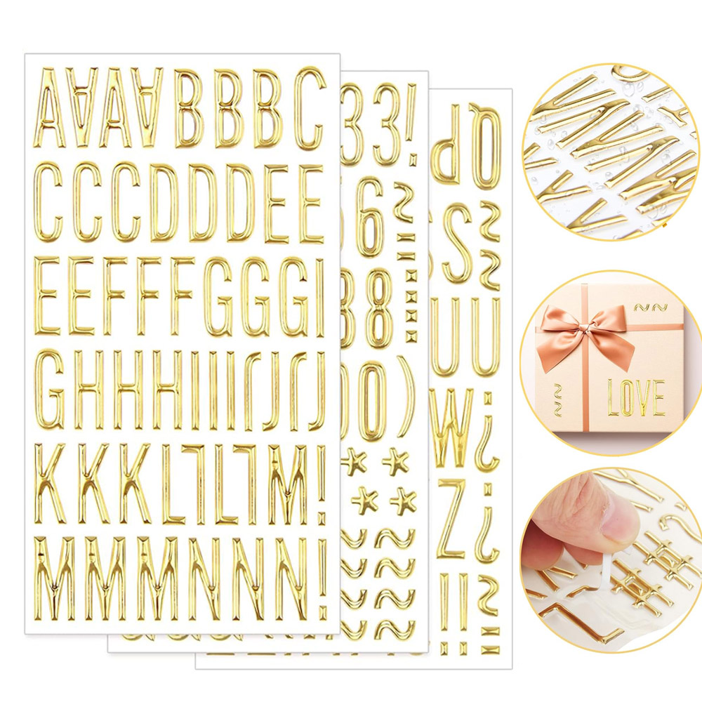 3 Blatt 3d wunderschöNe Gold buchstaben Aufkleber Glitzer 1in Harz Alphabet Nummer Aufkleber für Sammelalbum Grad Kappe DIY Handwerk Kunst machen