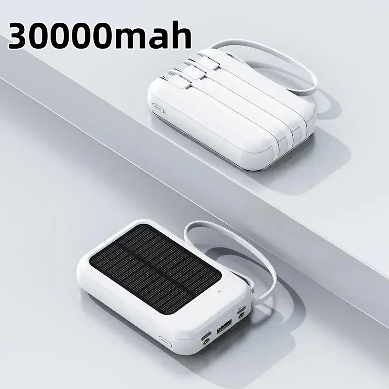 50000 mah solcelle-powerbank med 4 opladningskabler, led-lys, bærbar ekstern batterinødforsyning til alle mobiltelefoner: Rød